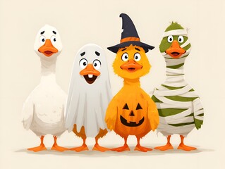 Obraz premium A cartoon flock of ducks dressed in Halloween costumes featu a ghost, witch, mummy and goose against a neutral background create fun mood.