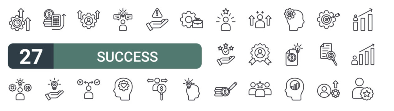 set of 27 thin line success management icons for web, mobile and digital interfaces including productivity, skills, financial planning, problem solving, professional development, decision making,