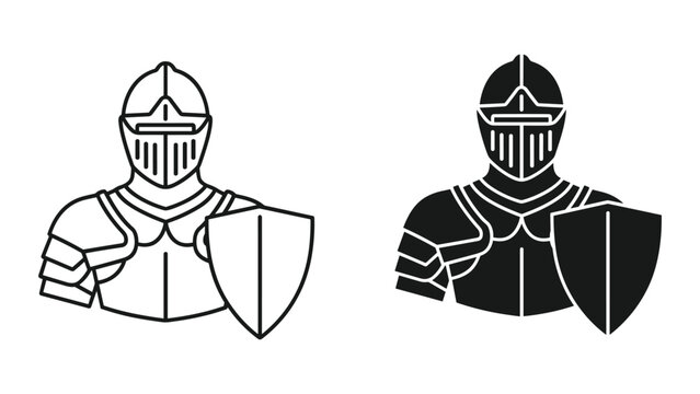 Knight armor icons in black and white line art on white background