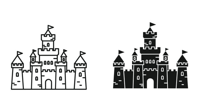 Black and white sand castle illustrations with flags on towers isolated on white background