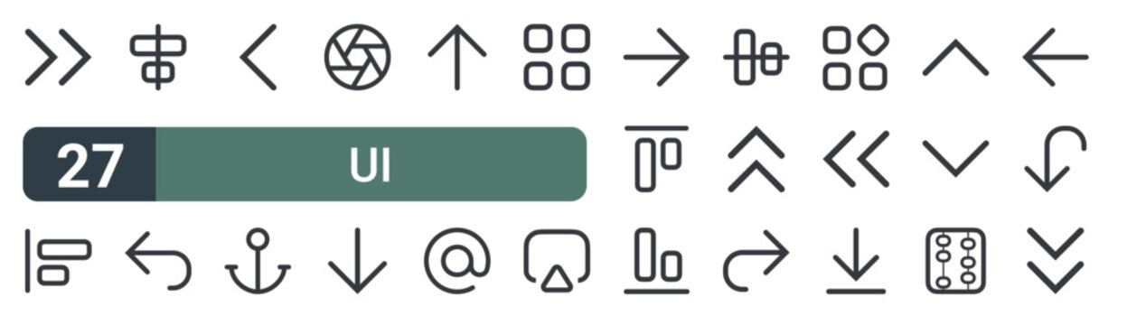 set of 27 thin line ui icons for web, mobile and digital interfaces including right, align left, center align, left arrow, left, anchor, aperture, down and upper. editable stroke vector
