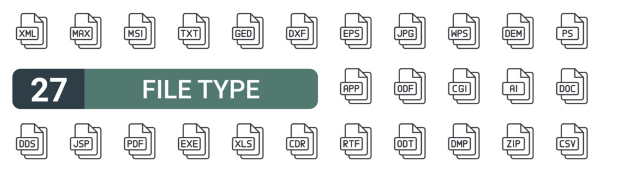 set of 27 thin line file type icons for web, mobile and digital interfaces including xml, dds, max, jsp, msi, pdf, txt, exe and ged. editable stroke vector