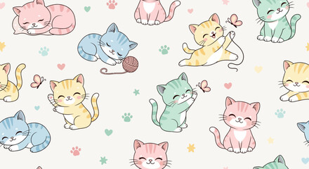 Obraz premium Cute Kawaii Kittens Playing with Yarn and Butterflies, Seamless Pattern