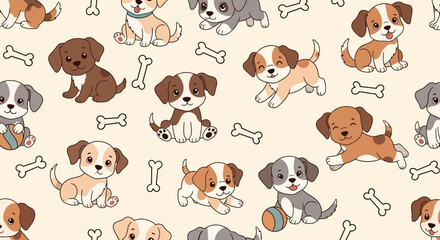 Fototapeta premium Cute Puppy Dog Pattern Background, Adorable Canine Friends and Bones Illustration