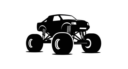 Black silhouette of a monster truck with huge tires and lifted suspension on a white background. © Ahmad