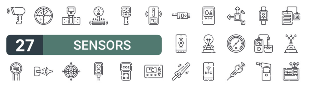 set of 27 thin line sensors icons for web, mobile and digital interfaces including barcode scanner, ldr sensor, radar, eye sensor, soil moisture sensor, gyroscope, pressure photoelectric and thermal