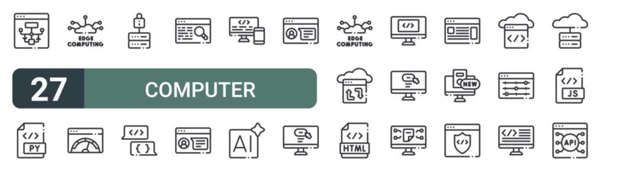 set of 27 thin line computer programming icons for web, mobile and digital interfaces including aorithm, python, edge computing, optimization, server, programming language, searching, customer