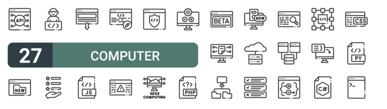 set of 27 thin line computer programming icons for web, mobile and digital interfaces including api, new features, programmer, new features, landing page, script, edit code, bug and encryption.