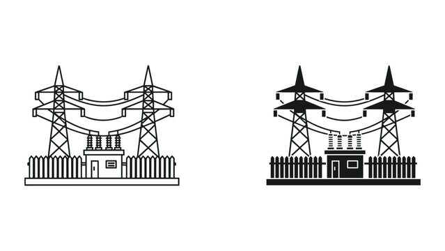 Electrical Substation and High Voltage Transmission Line Icon Illustration