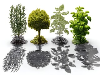 Fototapeta premium A detailed artistic rende shows four herbs rosemary, a green tree, a basil outline, and a complete basil plant creating abstract shadows.