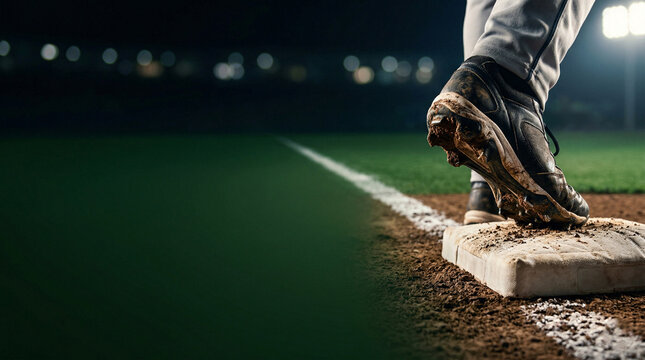 A baseball player's cleat on a base at night. The stadium lights create a dramatic, moody atmosphere on the field.