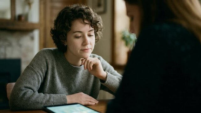 Closeup of a firsttime homebuyer attentively listening during a homebased loan consultation while the agent highlights loan options on a tablet out of focus.