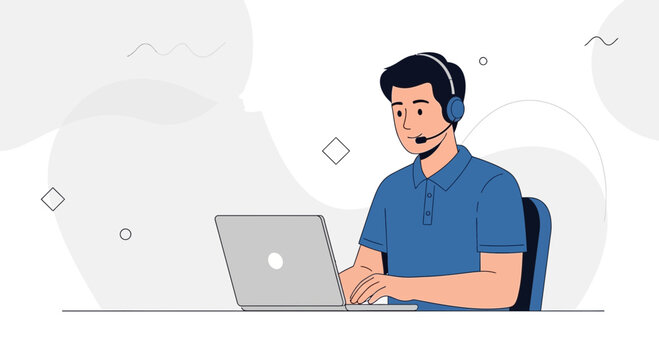 Customer service operator with headset working on laptop, online support, flat illustration