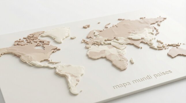 Minimalist 3D Topographic World Map - Pastel Beige & Off-White