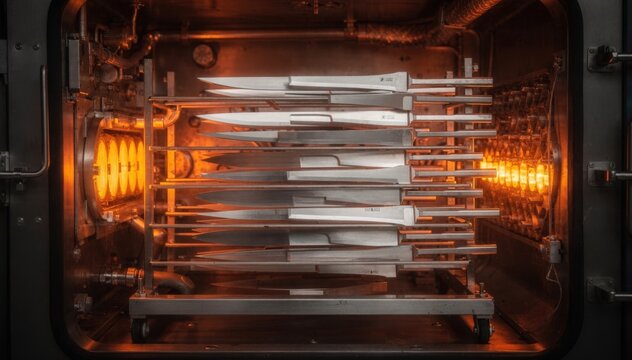 Medium shot capturing knife blades inside a vacuum furnace highlighting the controlled atmosphere and precision heat treatment for oxidationfree tempering.