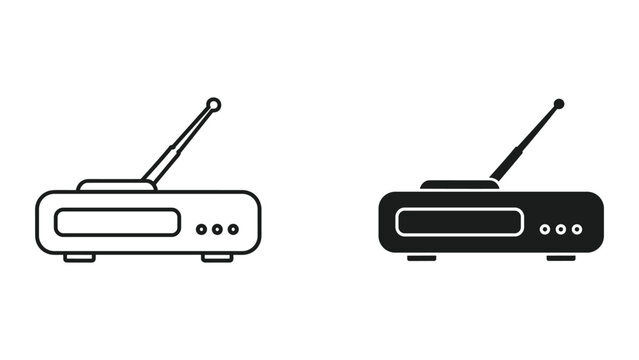 Black and white illustration of two old fashioned radios with antennas on a white background