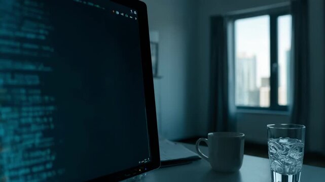 Closeup on a monitor displaying blockchainbased loan contract code highlighting the lines of algorithm with a blurred office desk setup in the background.