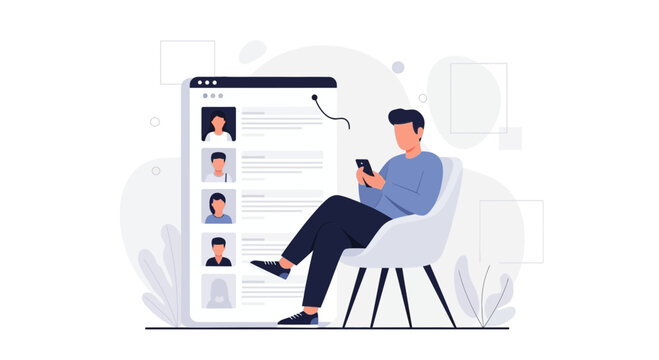 Man using smartphone near digital profile list, online recruitment concept