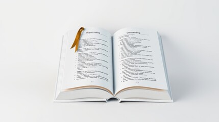 Fototapeta premium Open book displays text pages. Ribbon bookmark marks chapter reading, documenting information. Simple presentation, white background.