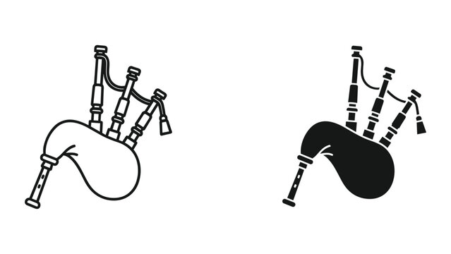 Black and white bagpipes isolated on white background with outline and solid fill