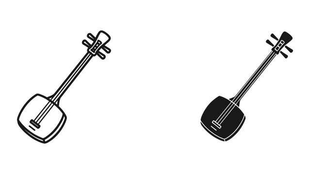 Traditional string instrument outline and filled vector icon set isolated on background