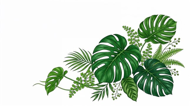Tropical green leaves arrangement in botanical illustration style  