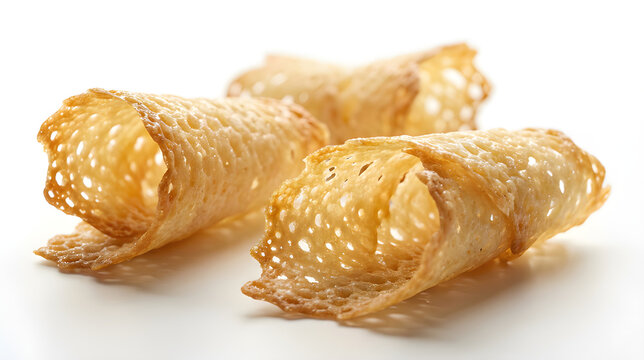 Crispy cheese tuile shards with delicate lacy texture, Isolated on White background