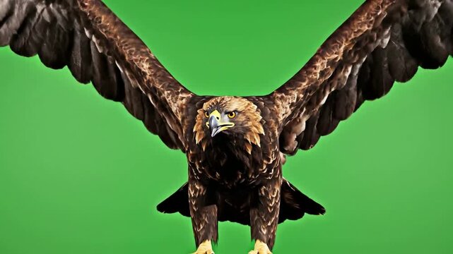 Golden eagle flying towards camera with wings spread wide isolated on green screen background for easy compositing resolution