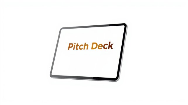 Display shows Pitch Deck text. Simple presentation mockup. White background, black frame. Minimalist design, clean aesthetic.
