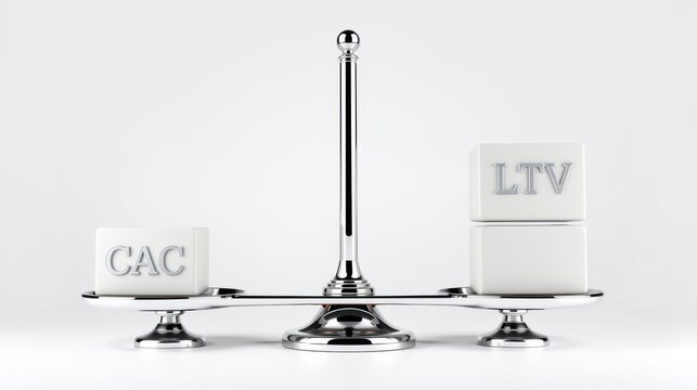 Balance scale depicts CAC versus LTV. Concepts represent customer acquisition cost, lifetime value. Metallic structure, white blocks, neutral background.