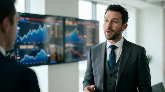 Broker in sharp focus discusses ratelock timing with blurred charts in the background highlighting market trends for optimal decisionmaking.