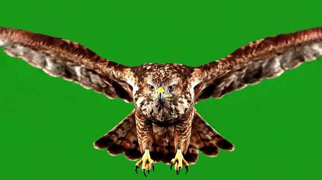 Golden eagle flying towards camera with wings spread wide isolated on green screen background for easy compositing resolution
