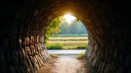 Obraz premium Light Emerging from Tunnel Opening with Stone Walls and Greenery