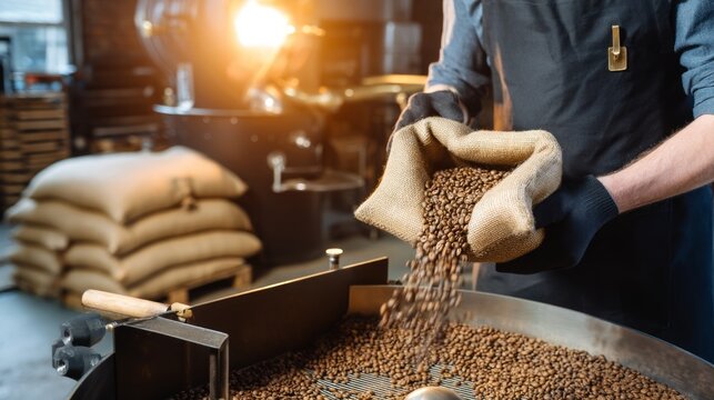 Coffee Roasting Workshop Scene with Artisan in Dark Apron