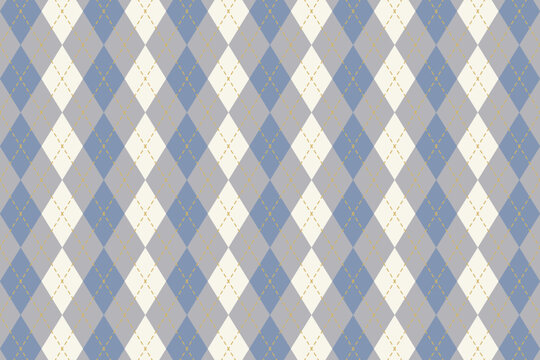 Argyle pattern with repeated blue and grey rhombus shapes for men sweater, socks or plaid. Diamond forms print. Simple geometric background. Father Day theme wallpaper. Vector illustration.