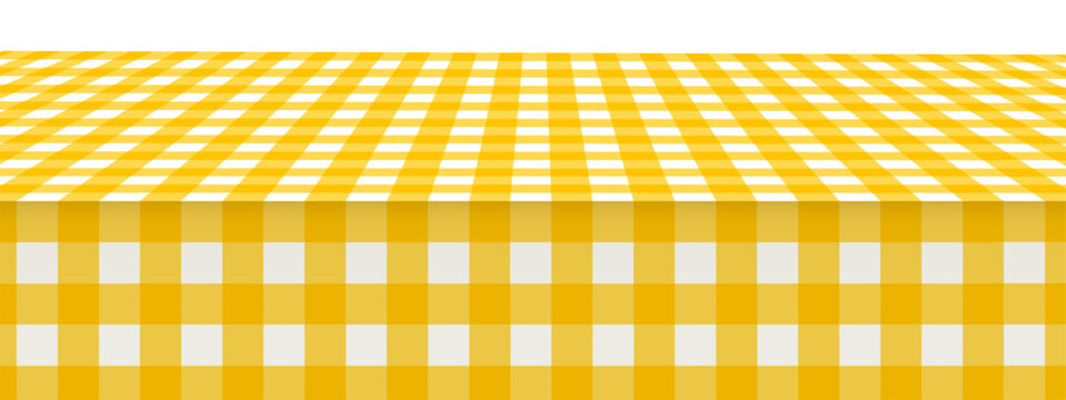Picnic or kitchen table surface with checkered yellow and white gingham tablecloth. Perspective view. Italian cafe or restaurant interior element. Breakfast or dinner background. Vector illustration.