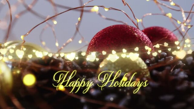 Animation of text, happy holidays, in yellow, over string lights and christmas decorations