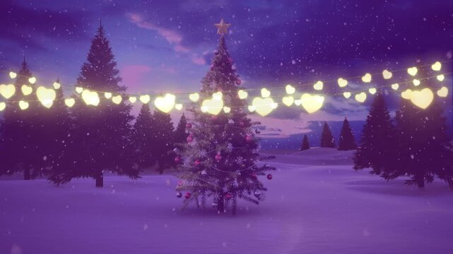 Animation of strings of glowing christmas fairy lights decoration and christmas tree