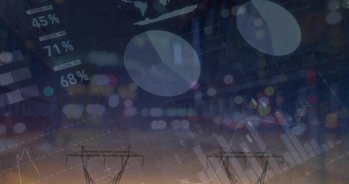 Animation of graphs and financial data over electricity poles at sunset