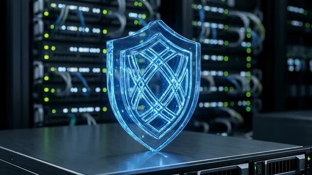 A glowing blue shield protects a computer server in a data center room.