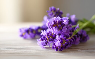 Fototapeta premium Close-Up of Lavender Flower Cluster on Wooden Surface