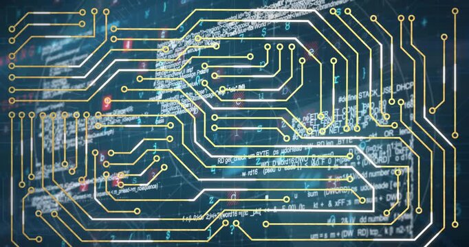Animation of data processing and integrated circuit over navy background