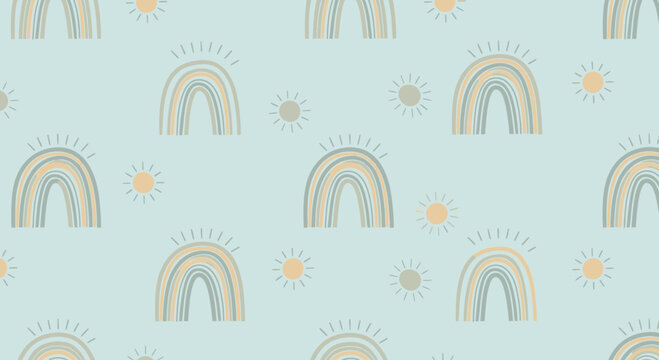 Boho Rainbow Seamless Pattern, Cute Pastel Rainbows and Sun, Baby Nursery Decor Background
