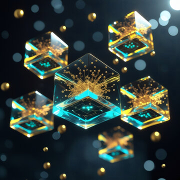 Futuristic Cybersecurity 3D Isometric Digital Vault with Secure Golden Padlock inside Sapphire Glass Cube for Cloud Computing Security