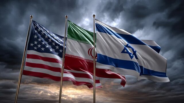 Flags of United States Iran and Israel waving under dramatic cloudy sky.