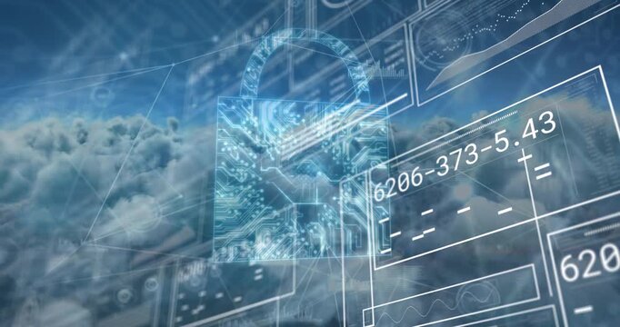 Animation of network, padlock, charts and data processing over blue cloudy sky