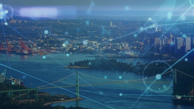 Animation of network of connections over aerial view of city traffic
