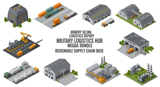 Isometric illustration of a military logistics hub with various buildings and vehicles, including a warehouse, fuel truck, and cargo zone, on a white background