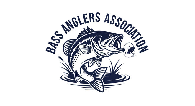 Bass Fishing Logo Emblem, Large Mouth Fish Jumping for Lure, Angling Club Emblem
