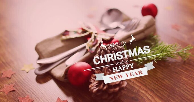 Animation of merry christmas and happy new year text over christmas decorations on wooden surface